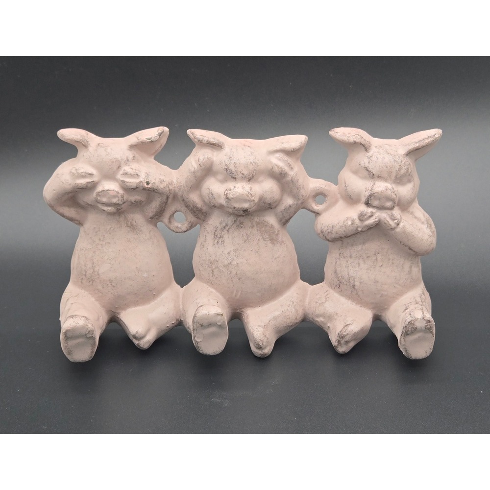 Vintage Style Cast Iron Three Wise Pigs Wall Hook Rack Pink Distressed Farmhouse